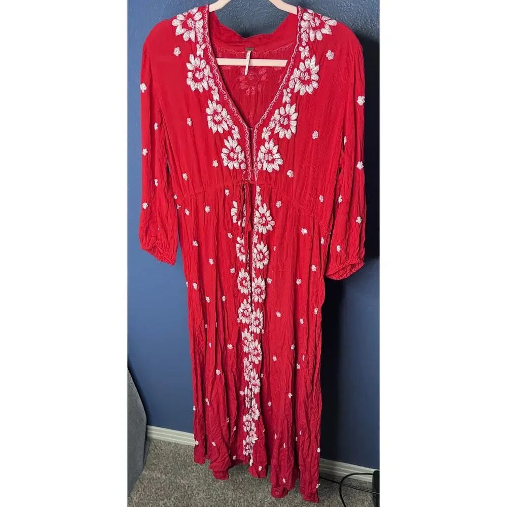 Free People Red Embroidered Boho Maxi Dress Long Sleeve Tie Front Size M - Picture 2 of 7